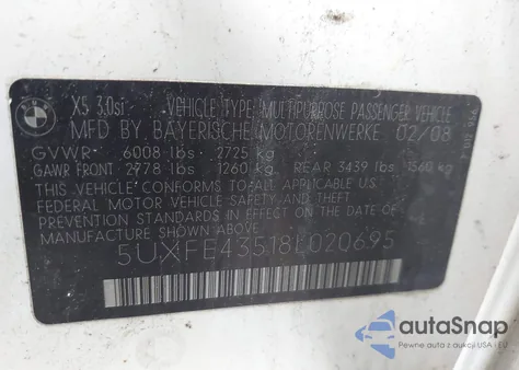 2008 BMW X5 3.0Si из США, поврежденный, VIN 5UXFE43518L020695